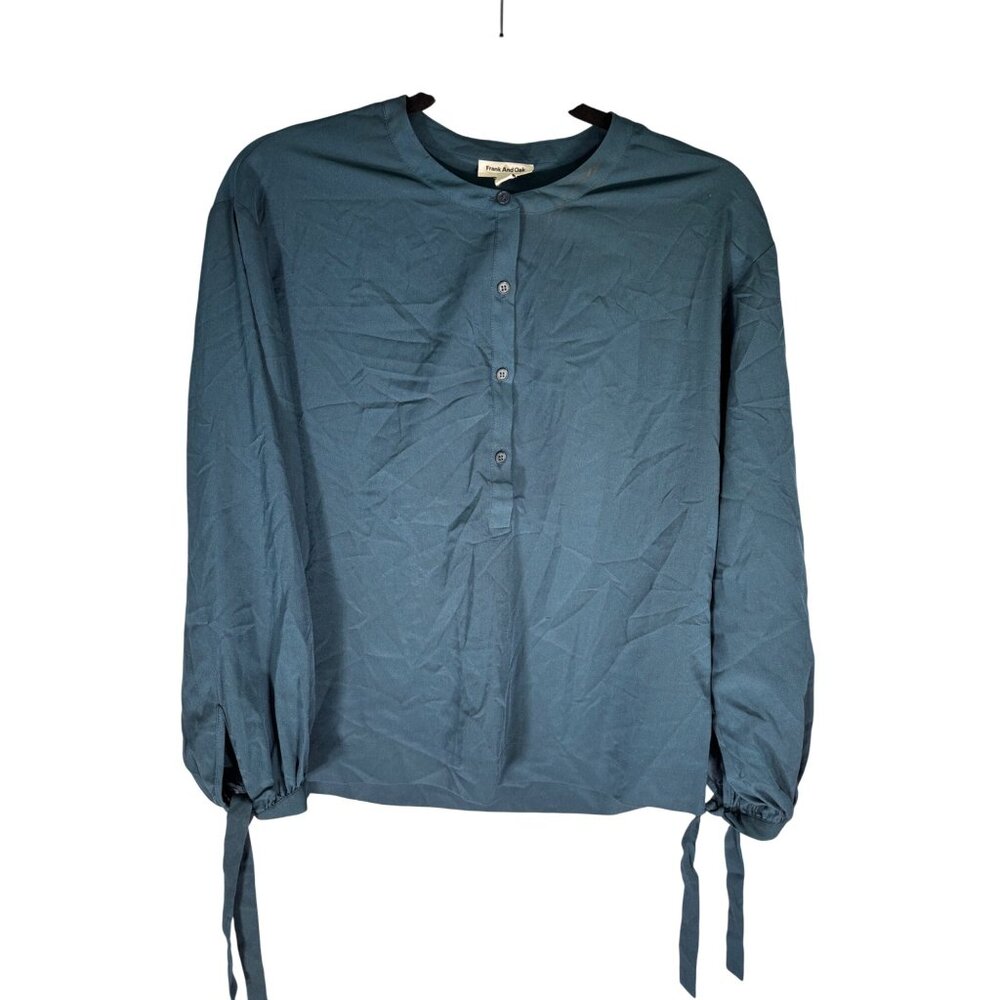 Frank And Oak Womens Long Sleeve Teal Blouse With Button Closure And Tie Cuffs